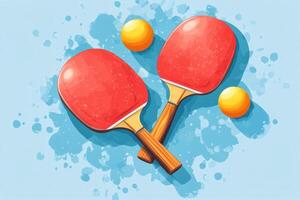 Two red table tennis paddles and a yellow ball on a light blue background photo