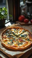 Freshly baked savory quiche with spinach and cheese accompanied by tomatoes and herbs photo