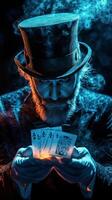 A magician performs a card trick surrounded by shimmering particles in a dimly lit environment photo