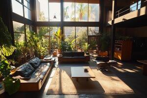 The living room features large windows allowing sunlight to fill the space photo