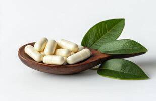 White capsules placed on a wooden spoon alongside green leaves against a plain background photo