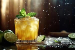 A refreshing cocktail garnished with mint and lime on a bar counter at a vibrant nightlife venue photo