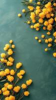 Bright yellow mimosa flowers arranged on a green textured background in a natural setting photo