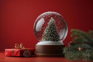 A Christmas snow globe with a tree and a gift placed on a festive red background photo