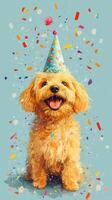 Happy golden retriever wearing a party hat and surrounded by colorful confetti indoors photo