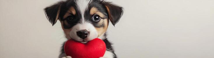 Cute black puppy holding a red heart toy with an adorable expression in a bright setting photo