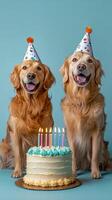 Two playful black dogs celebrating their birthday with a cake and party hats indoors photo