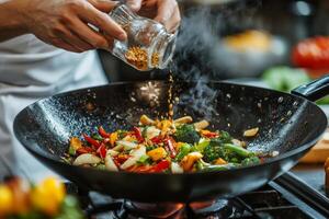 Cooking colorful vegetables in a hot wok while adding spices in a bustling kitchen photo