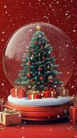 A festive snow globe featuring a decorated Christmas tree and presents set against a red backdrop photo
