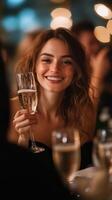 Young woman enjoying a celebratory drink at an elegant evening gathering in a softly lit venue photo