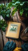 Gardening activities with gloves, plants, and a notebook on a wooden table in early spring photo