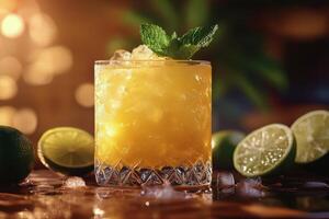 A refreshing cocktail garnished with mint and lime on a bar counter at a vibrant nightlife venue photo
