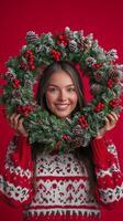 Young woman in a cozy sweater holding a festive holiday wreath on her head indoors photo