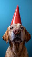 A playful dog wearing a party hat and blowing a horn against a blue background photo