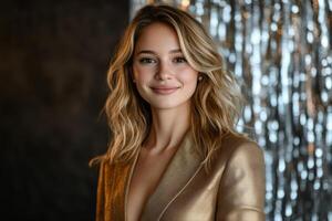 Elegant woman with curly hair poses confidently in a golden jacket against a sparkling background photo