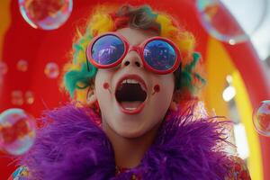 A joyous child dressed as a clown celebrates with colorful sunglasses at a festive event photo
