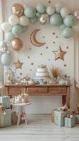 Elegant celebration setup with balloons, a cake, and decorations for a special occasion photo