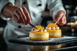 Pastry chef decorating a cake with intricate details in a luxury bakery setting during evening hours photo