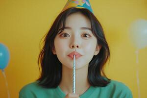 Young woman celebrating her birthday with a colorful hat and festive background photo