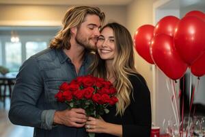 Romantic couple celebrates special occasion with roses and balloons at home in evening light photo