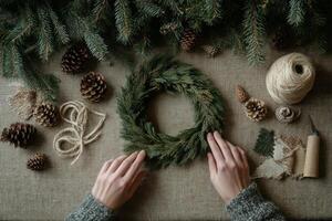 Crafting a natural wreath with pinecones and twine on a wooden table in a cozy workspace photo