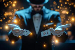 A magician performs a card trick in a dark stage setting with dramatic lighting and smoke photo
