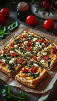 Freshly baked savory quiche with spinach and cheese accompanied by tomatoes and herbs photo