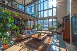 The living room features large windows allowing sunlight to fill the space photo