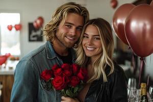 Romantic couple celebrates special occasion with roses and balloons at home in evening light photo