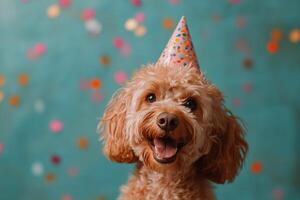 Colorful party hat and confetti scattered on a bright blue background for a festive celebration photo