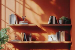 Stylish wooden shelves adorned with books and plants beside a bright orange wall in afternoon light photo