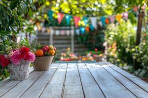 A sunny garden table adorned with flowers and decorative bunting in the evening light photo