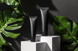 Two black cosmetic tubes displayed on a pedestal with green leaves against a dark background photo