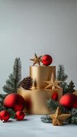Festive decoration featuring gold and red ornaments with pinecones in a sunlit room photo