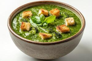 A bowl of creamy broccoli soup topped with croutons and fresh basil leaves photo