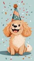 Happy golden retriever wearing a party hat and surrounded by colorful confetti indoors photo