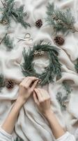 Creating a natural winter wreath with pine cones and greenery on a textured table surface photo