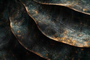 Textured green and gold surface with abstract patterns created through paint photo