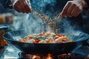 Cooking colorful vegetables in a hot wok while adding spices in a bustling kitchen photo