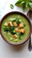 Creamy broccoli soup topped with croutons and fresh herbs served in a rustic bowl photo