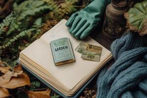 A garden journal rests on an open book surrounded by nature, showcasing gardening notes and tools photo