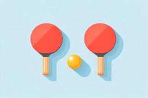 Two red table tennis paddles and a yellow ball on a light blue background photo