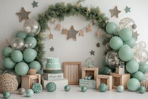 Elegant pastel balloon arch with decorative stars and floral accents for a special event photo