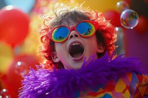 A joyous child dressed as a clown celebrates with colorful sunglasses at a festive event photo