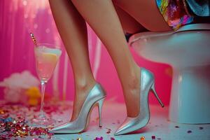 A fashion forward individual poses stylishly on a toilet amidst colorful confetti decorations photo