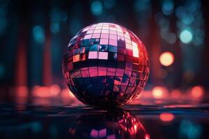 A reflective disco ball in a vibrant forest setting during twilight illuminated by colorful lights photo