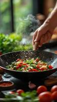 A chef prepares a vibrant vegetable stir fry with fresh ingredients in a cozy kitchen photo