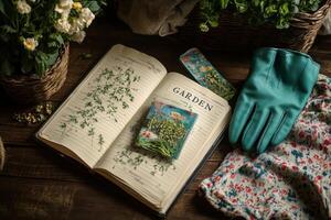 A garden journal rests on an open book surrounded by nature, showcasing gardening notes and tools photo