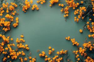 Vibrant yellow floral arrangement on textured teal background in natural light setting photo