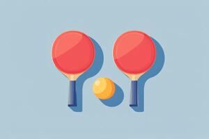 Two red table tennis paddles and a yellow ball on a light blue background photo